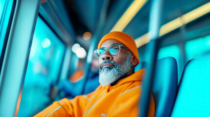 A thoughtful man gazes out of the window while riding a bus in the city. He wears a vibrant orange hoodie and matching beanie, reflecting the urban vibe of his journey