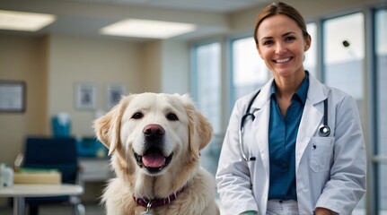 Female Veterinarian Examines a Golden Retriever in a Clinic