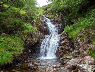 A small stream of water flows down a rocky hillside. The water is crystal clear and the rocks are scattered throughout the area. The scene is peaceful and serene, with the sound of the water