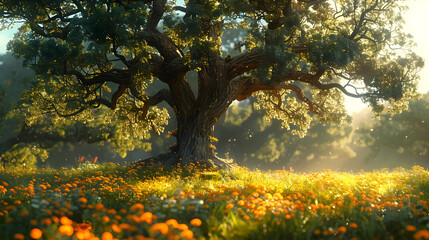 Obraz premium Sunlight Filtering Through a Lush Forest Tree in a Field of Yellow Flowers 3D Illustration