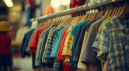 Colorful Shirts Hanging on Wooden Hangers in a Store