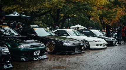 Japanese Tuned Cars Parked In Rainy Weather