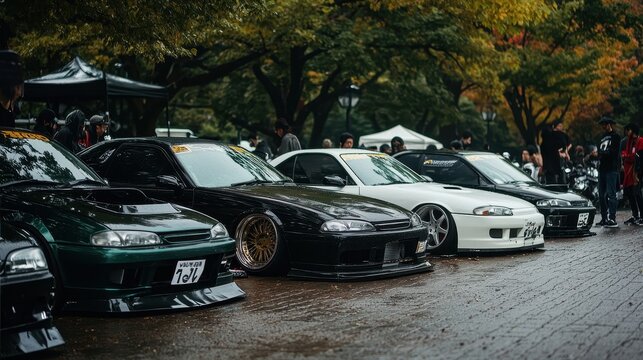 Japanese Tuned Cars Parked In Rainy Weather