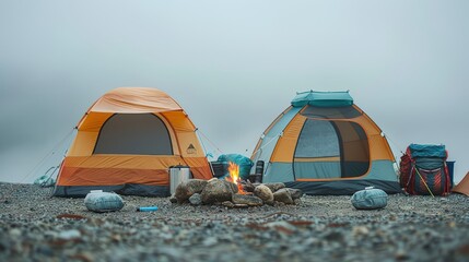 A detailed view of a road trip camping setup with tents, campfire, and gear, featuring a clean background and lots of copy space for camping tips and details.