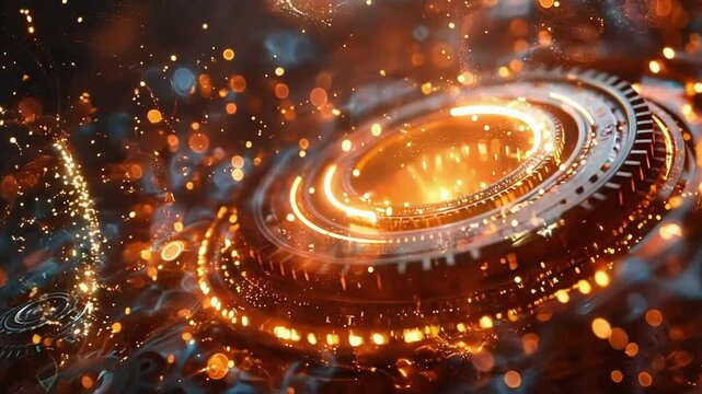 Circular mechanism with intricate details is glowing with orange particles, suggesting a powerful energy source or a complex system in motion