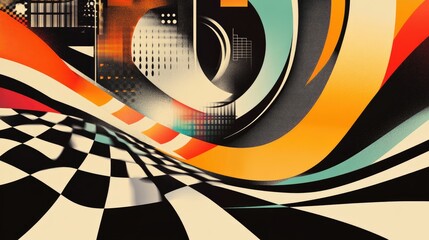 a geometric checkerboard background featuring abstract forms and overlapping lines that has a modern feel.