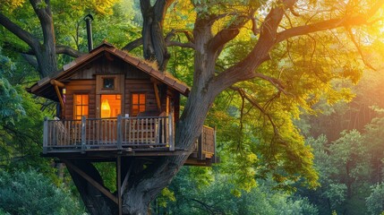A detailed view of an eco-friendly accommodation such as a treehouse or solar-powered lodge, featuring a clean background and lots of copy space for lodging information.