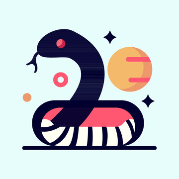 Abstract snake silhouette. Boho style. Sun and shapes. Isolated colorful serpent in flat style for logo or icon.