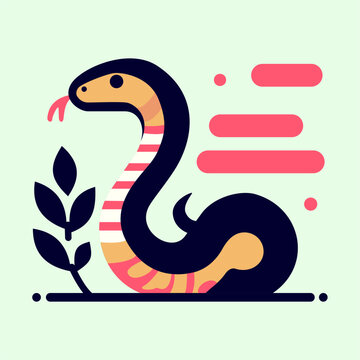 Abstract snake silhouette. Boho style. Shapes and botanical elements. Isolated colorful serpent in flat style for logo or icon.