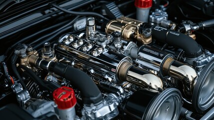 Fototapeta premium Powerful Car Engine with Chrome Details