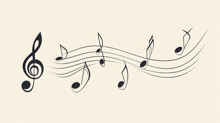 Naklejka premium Minimalist musical notes drawn in a single continuous line on a stave. Abstract, wave-like melody in a linear style. Vector outline of a musical symbol. Simple, single-line illustration of sound. 