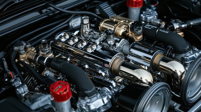 Powerful Car Engine with Chrome Details