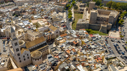 Aerial view of the Norman-Swabian castle and Basilica of Saint Sabinus located in Bari, Puglia, Italy. The fortress and Bari Cathedral are located in the historic center of the city, called Old Bari.