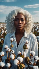 Fototapeta premium An African American woman stands in a field of cotton flowers