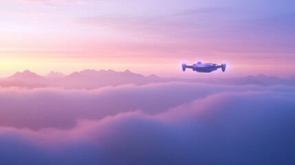 Drone Flying Above Clouds at Sunset with Mountain Silhouette