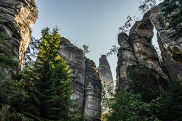 National Park of Adrspach Teplice rocks. Beautiful limestone sandstones rocks in Adrspach, Czech Republic. Adrspach Teplice Rocks mountain range in Central Sudetes part of the Table Mountains.