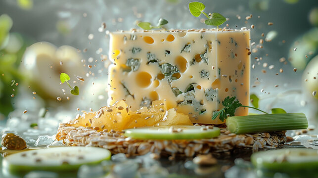 A slice of Camembert cheese with grapes, walnuts, and a baguette slice, all levitating against a soft, neutral background - Powered by Adobe