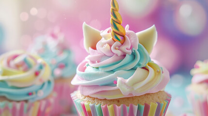 A detailed view of a pastel-colored unicorn-themed cupcake with swirls of buttercream frosting, edible unicorn horns, and fondant ears