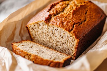 rustic banana bread loaf with a golden brown crust, partially sliced to showcase its soft, moist interior. It sits on parchment paper, giving it a homemade, simple charm