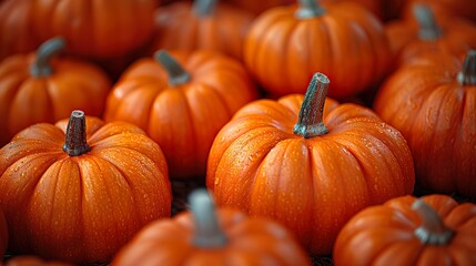 Obraz premium A bunch of orange pumpkins with blurred warm bokeh background. Fall and harvest, Halloween Thanksgiving concept