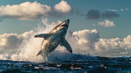 Obraz premium A great white shark leaps from the water with its jaws agape