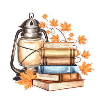 recommend clip art: Books stak with lantern and fall maple leaves. Autumn poetry composition with oil lamp. Hand drawn watercolor illustration isolated. Education concept. Template for sticker, card, website, embroidery.