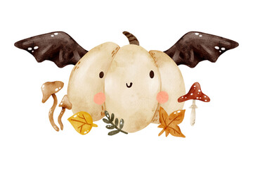 The cute pumpkin is batwing, fall leaves, fly agaric, and grebes. Cute characters for Halloween. Clipart for card, stickers. Watercolor illustration
