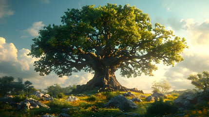 Obraz premium Enormous Oak Tree Illustration in a Meadow