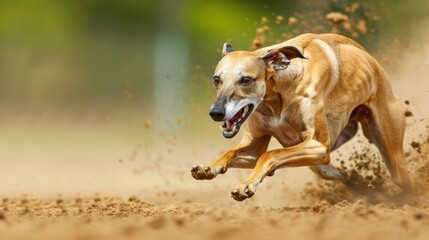  A dog runs through the dirt with its mouth open and front paws lifted