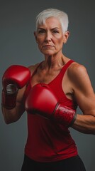 beautiful senior woman with short hair boxing