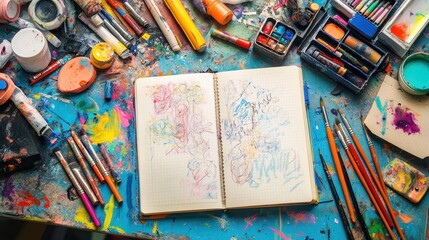 Creative Chaos: Cluttered Desk with Doodles and Art Supplies