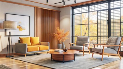 Minimalist, japandi interior design of modern living room with accent armchair.
