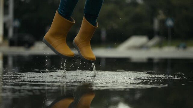 Close-up of a teenage girl in orange rubber boots jumping in a puddle and splashing water after rain in the park
