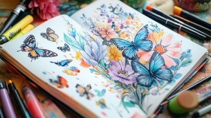 Obraz premium Creative Sketchbook with Vibrant Floral Doodles and Art Supplies Scattered Around