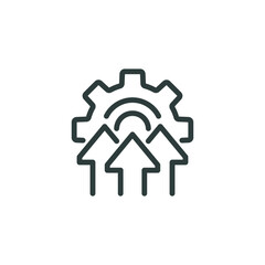 Tech efficient production, implement process optimize, innovation industrial technology outline icon. Line sign gear and three arrows. Vector isolated pictograms on white background editable stroke.