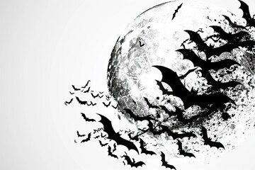 A black-and-white illustration of a swarm of bats flying across the full moon