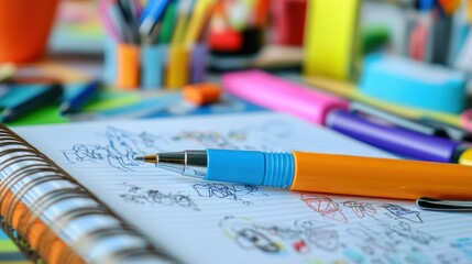 Creative Workspace: Close-Up of Pen Doodling on Notebook Page Surrounded by Stationery Supplies and Sticky Notes