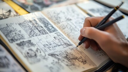 Obraz premium Creative Hand Drawing Doodles in Notebook with Sketches and Notes in Background