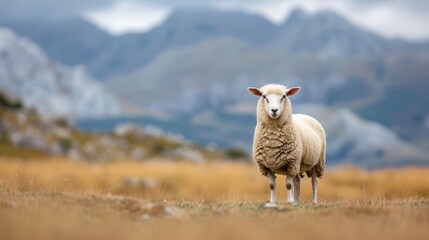 Fototapeta premium A sheep stands in a grassy field with mountains in the background