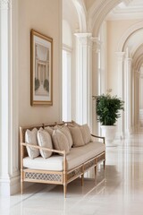 An intricate Chinoiserie settee adorned with embroidered cushions, positioned in a grand hallway, epitomizing furniture luxury and classic elegance.