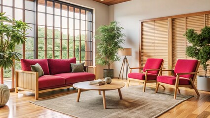 Minimalist, japandi interior design of modern living room with accent armchair.
