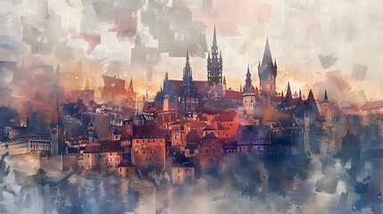 Fototapeta premium Medieval Cityscape Watercolor painting style