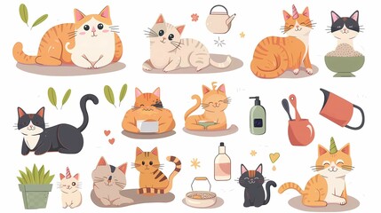 Obraz premium Watercolor illustration set with cute cats doing different activities in the house with unicorn horn and house plants in pots