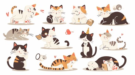 illustration set with cute cats doing different activities in a house with a unicorn horn