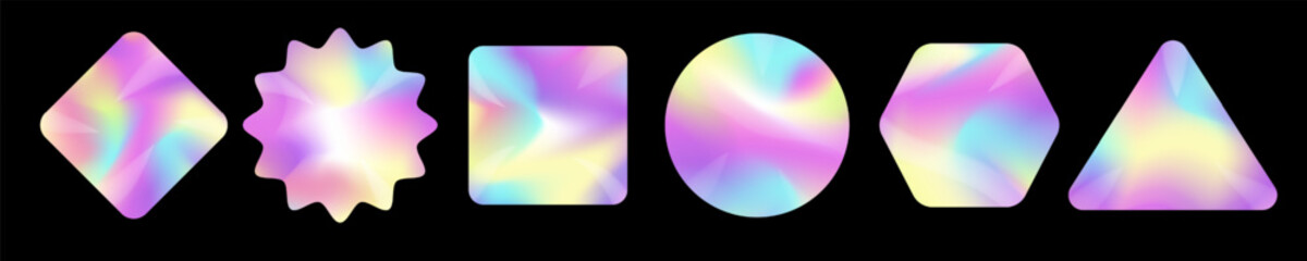 Obraz premium Holographic sticker vector set different shape colorful modern style isolated on black background vector 10 eps