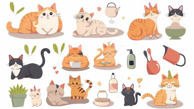 Watercolor illustration set with cute cats doing different activities in the house with unicorn horn and house plants in pots