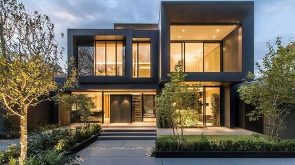 Fototapeta premium Modern Black House with Large Windows and Garden at Dusk