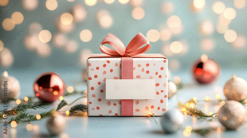 Sticker Gift Box with Pink Bow and Christmas Decorations.