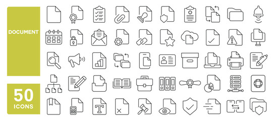 Set of 50 line icons related to document, file, receipt, preparation, papers, folder, legal, approval, documentation, Editable stroke. Vector illustration