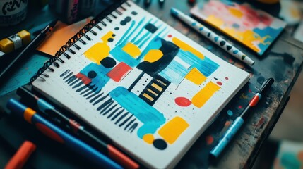 Creative Chaos - Top-Down View of Abstract Doodles Notebook with Geometric Shapes and Pens